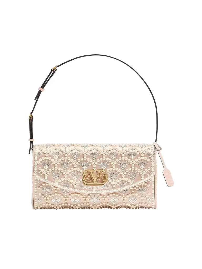 Valentino Garavani Women's Shoulder Bag with Pearls and Rhinestones - Cream - Women's Bags