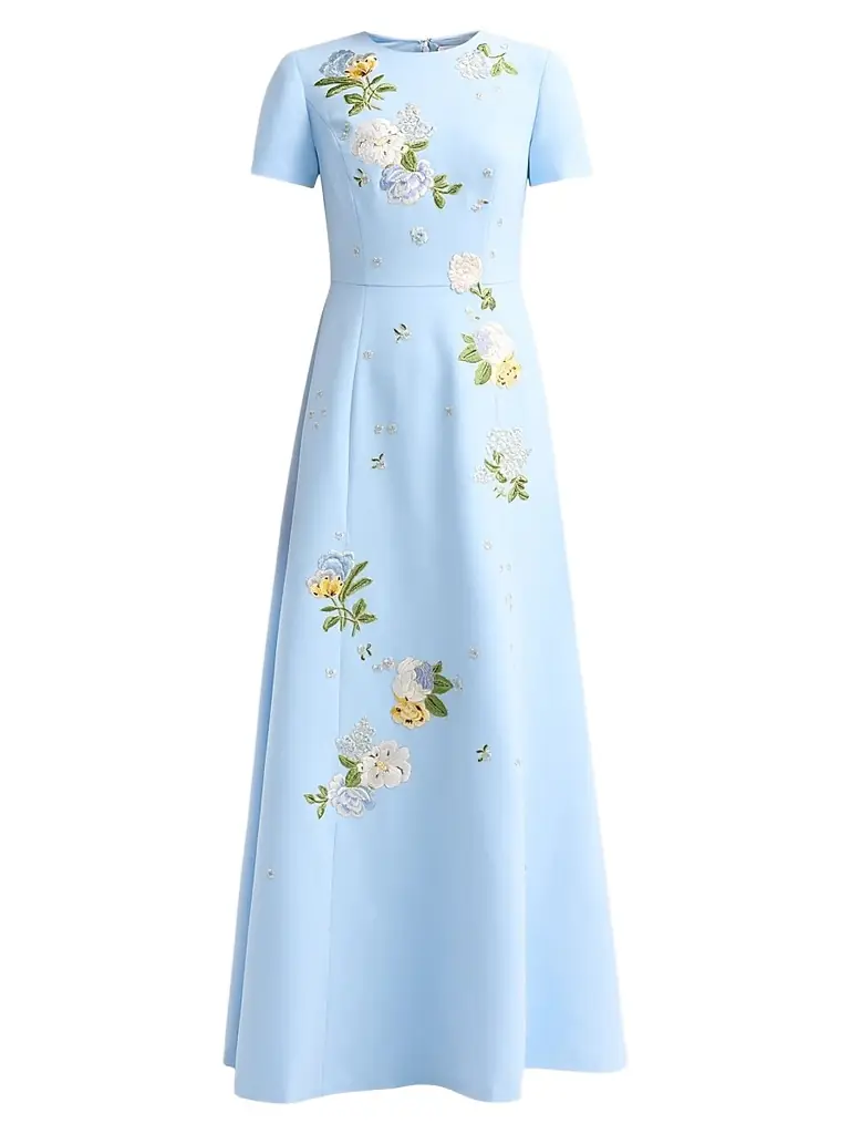 Carolina Herrera Women's Floral Embroidered Short-Sleeve Gown - Cloudy Blue - Women's Clothing