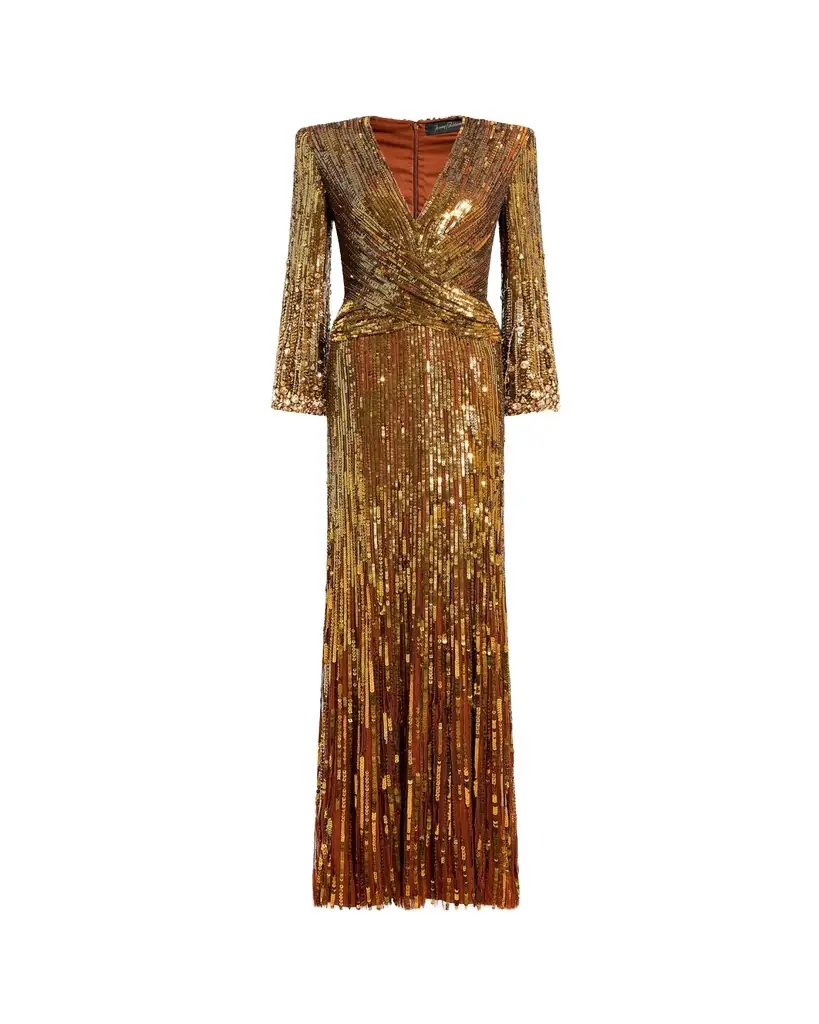 Jenny Packham Cosmos Long-Sleeve V-Neck Sequin Gown - Women's Clothing