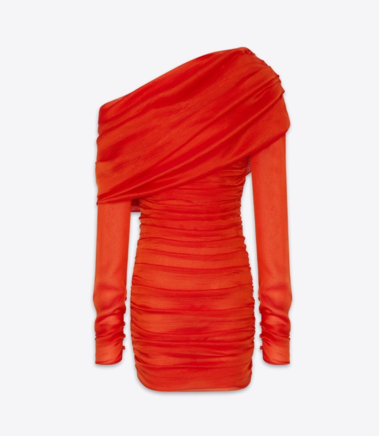 SAINT LAURENT Ruched One Shoulder Dress in Silk Muslin
