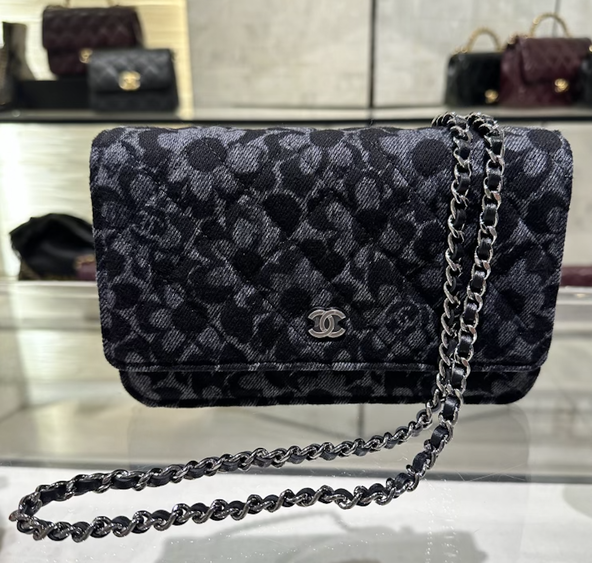 Black Denim Floral Wallet on Chain