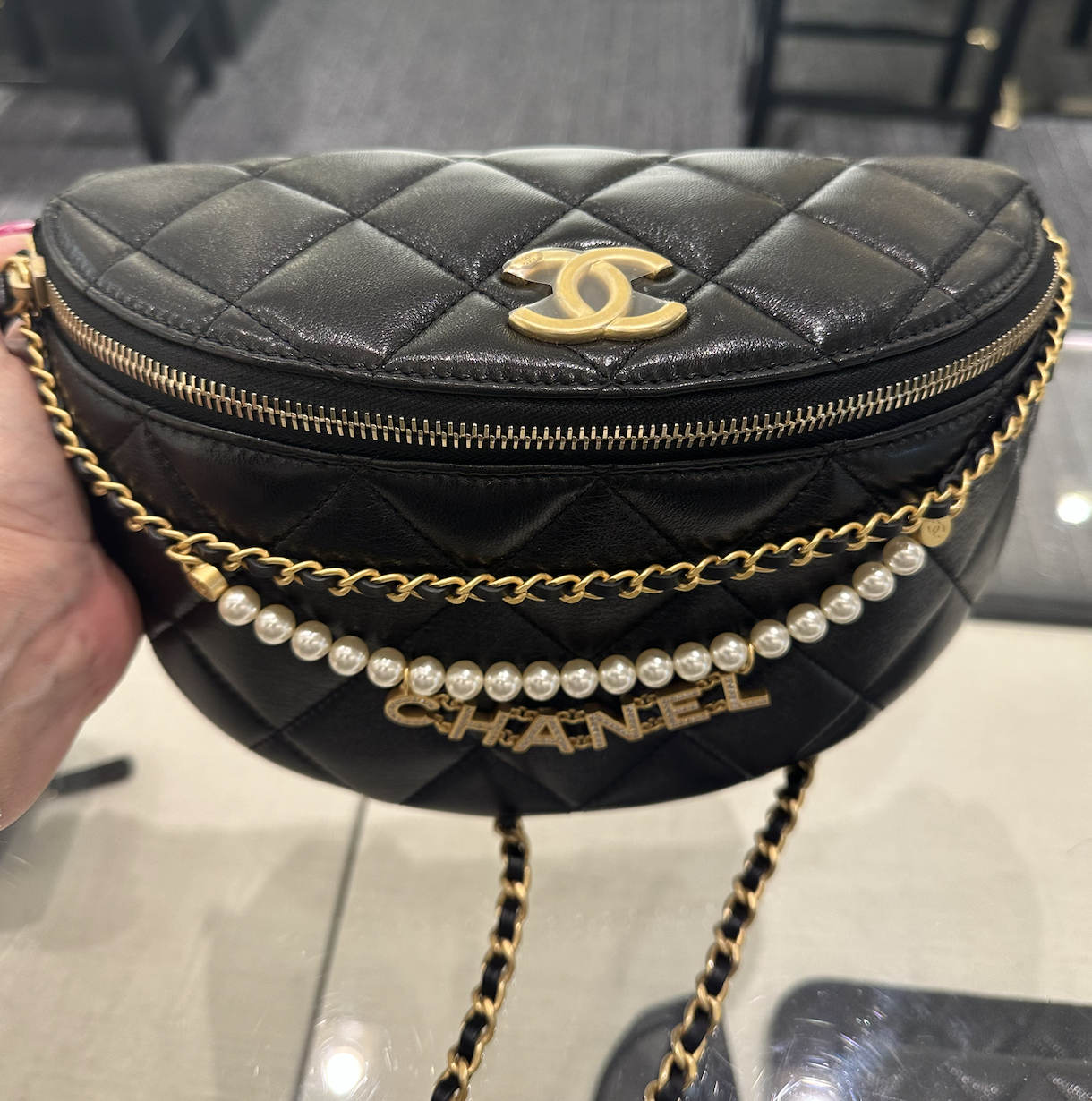 Chanel Black Leather Bag with Chain and Peal Detail