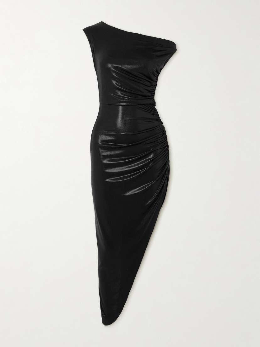 Norma Kamali Off-the-shoulder Asymmetric Ruched Stretch-lamé Midi Dress