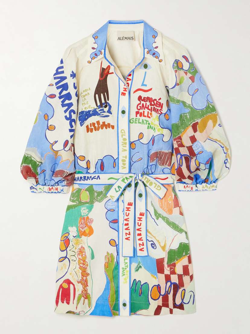 ALEMAIS + Nadia Hernandez Belted Printed Linen Shirt Dress