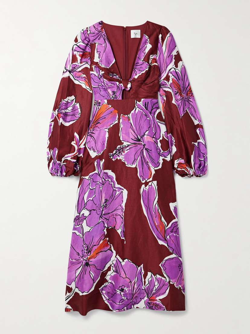 Aje Inflorescence Gathered Floral-print Linen-blend Midi Dress