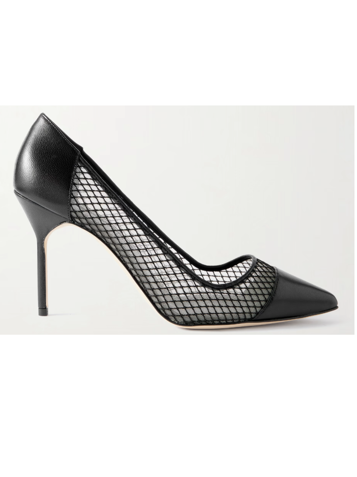 Manolo Blahnik Capcourme 90 leather-trimmed mesh pumps