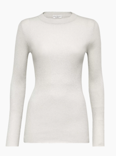 Brunello Cucinelli Sparkling Cashmere and Silk Rib Knit Lightweight Sweater