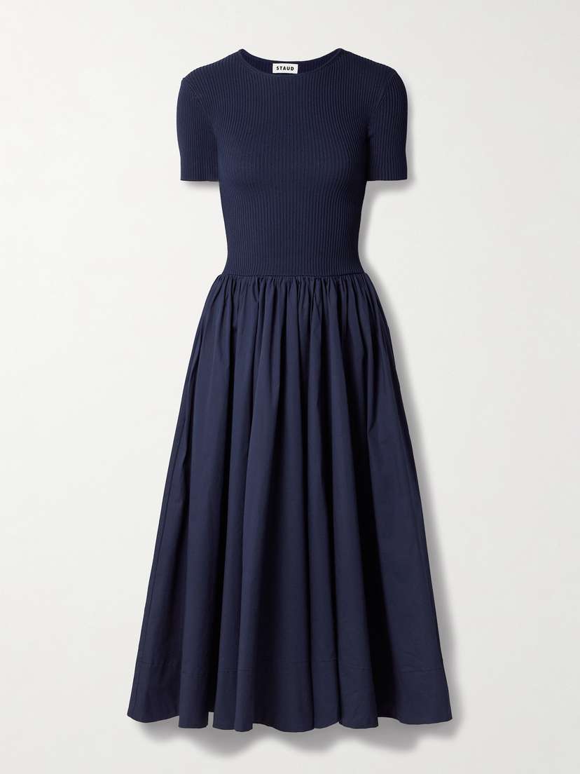 Staud Ysabel Ribbed-knit And Cotton-blend Poplin Midi Dress