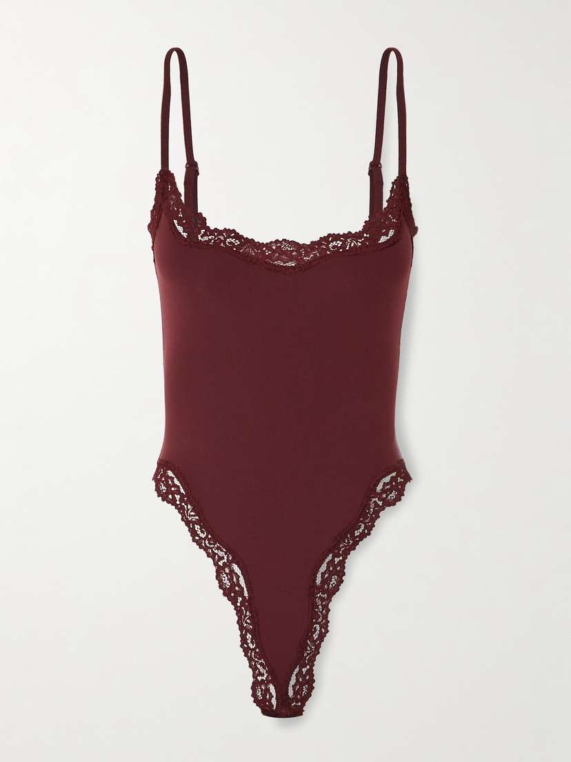 Skims Fits Everybody Lace-trimmed Stretch Thong Bodysuit - Oxblood