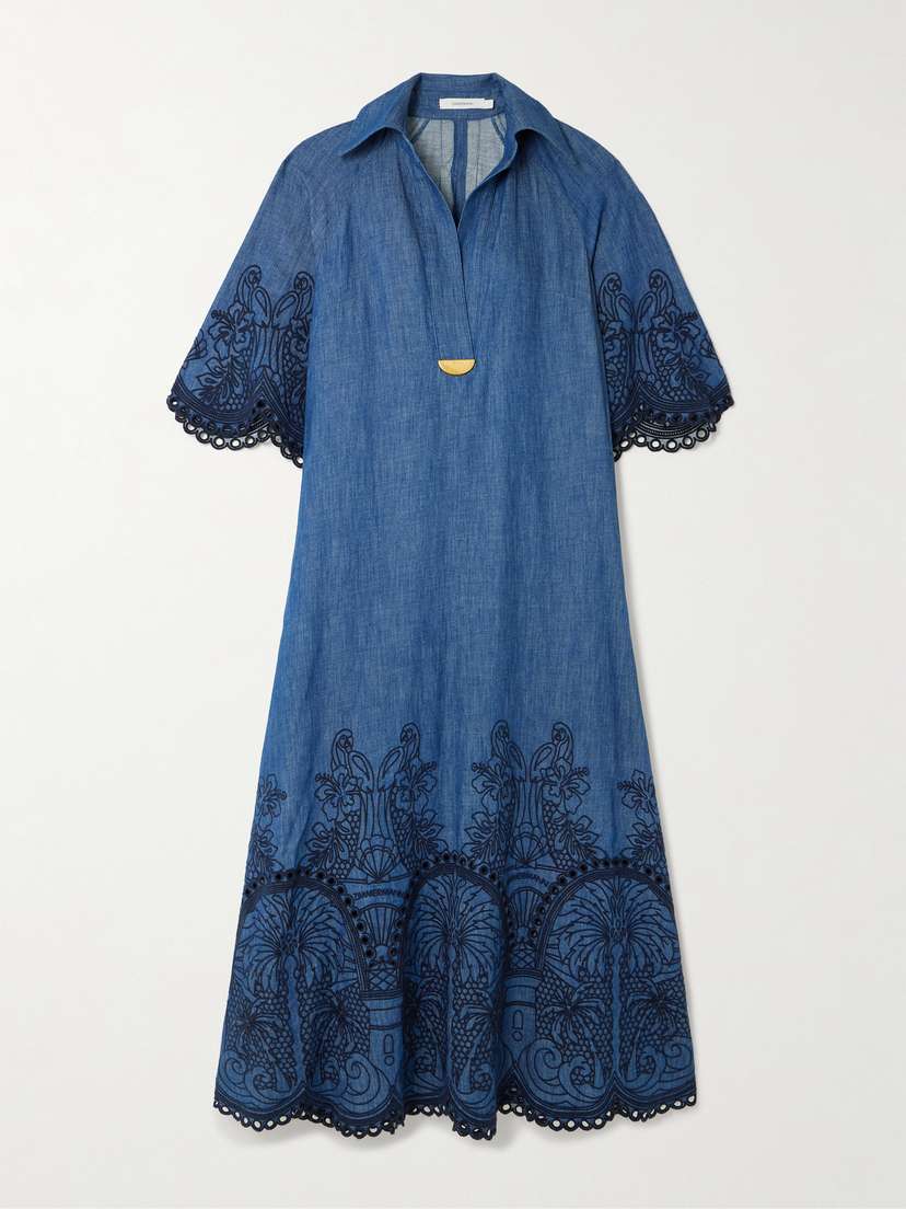 Zimmermann Coco Embellished Embroidered Denim Midi Dress