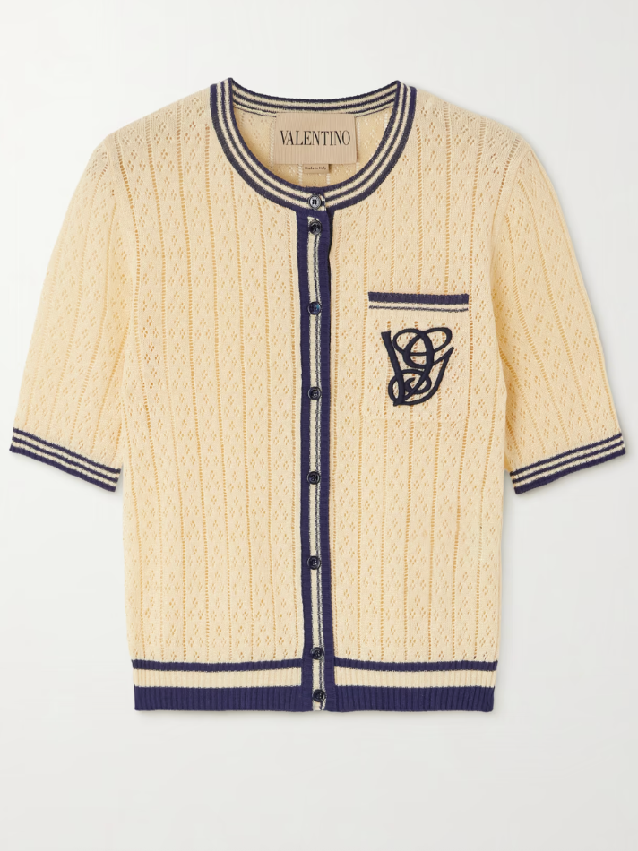 Valentino Garavani Embroidered Striped Pointelle-Knit Linen-Blend Cardigan